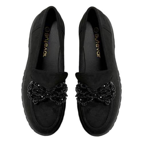 Image of Women's Loafers Chunky Platform Slip On Bow-Knot Beaded Suede Loafers Lug Sole Casual Shoes for Women Dressy
