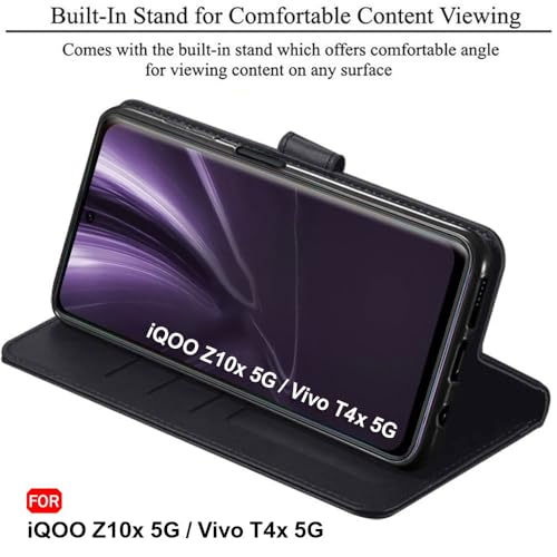 Image of TheGiftKart Flip Cover Back Case for iQOO Z10x 5G / Vivo T4x 5G | Genuine Leather Finish | Designer Button | Inbuilt Pockets & Stand | Flip Flip Back Case Cover (Faux Leather, Black)