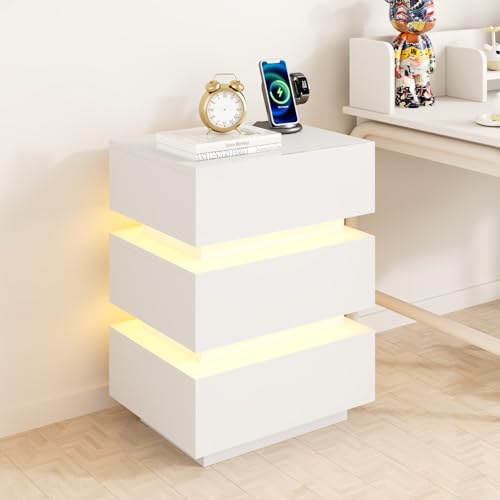 Advwin Bedside Table 3 Drawers, LED Nightstand with Charging Station and USB Port, 2 AC Outlet & USB Port Wooden Chest of Drawers, White