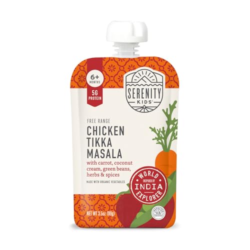 Serenity Kids 6+ Months World Explorers Baby Food Puree with Ethically Sourced Meat & Organic Veggies - Chicken Tikka Masala - 3.5 Ounce BPA-Free Pouch - 6 Count