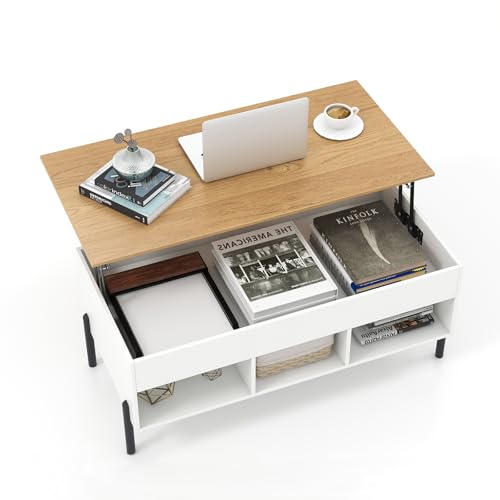 GIANTEX Mesa de Centro con Tablero Elevable y Patas de Metal, Mesa de Café con Compartimento de Almacenamiento Oculto y 3 Cubos Abiertos, Mesita Multifuncional para Salón, Oficina (Blanco+Natural)