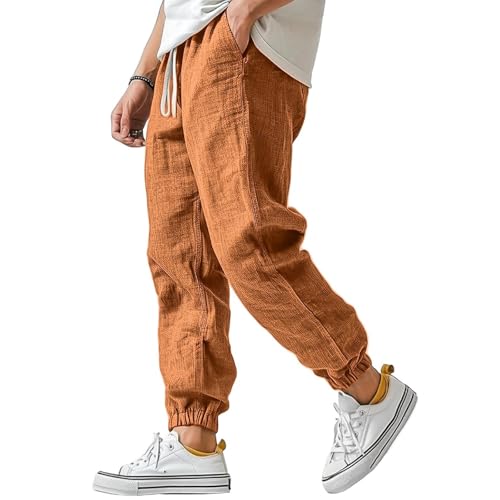 WENKOMG1 Cotton Linen Pants for Men Ankle Length Elastic Waist Drawstring Casual Beach Pants Lightweight Lounge Wears