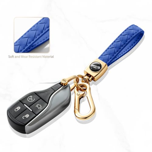 Image of Gkeygo Carabiner Keychain, Universal Heavy Duty Woven Handmade Leather Key Chain, Car Fob Key Keychains with 360 Degree Rotatable Snap Swivel and Anti-Lost D-Ring for Men and Women,Light Gold - Blue