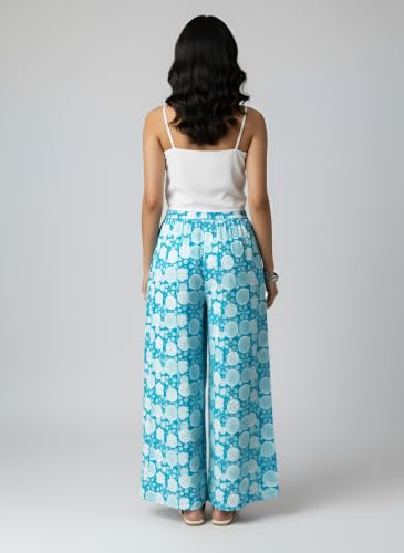 Image of GRECIILOOKS Boho Printed Wide Leg Palazzo Pants for Women, Flowing High Waist Rayon Trousers for Beach, Vacation, Lounge, and Summer Style