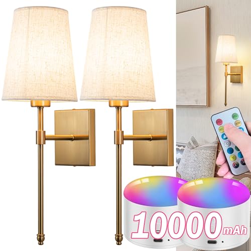 Image of Battery Operated Wall Sconce Light Set Of Two, Battery Operated Sconces Wall Lighting Indoor Wireless Wall Sconce With Remote Control, Dimmable Battery Wall Lamp With 3CCT Bulb For Bedroom Living Room