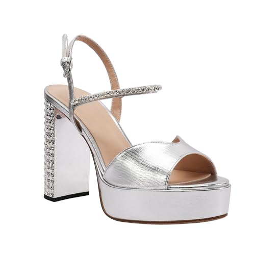 JANSEVEN Rhinestone Sandals Women Crystal Heels Platform Chunky Heel Ankle Strap Sparkling Sandals Peep Toe Sexy Dress Bridal Wedding Party Shoes2