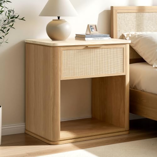 Image of Night Stand Set of 2, 23.11 inch W Rattan Nightstand with 1 Drawer and Open Shelf, Faux Marble Top Bedside Table, Boho Mid Century End Table for Bedroom Living Room Office, Natural Oak [FSC Certified]