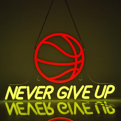 Image of Never Give Up Basketball Neon Sign - 17 inchx10 inch Wall Decor for Boys Bedroom Classroom, Dimmable LED Neon Light Sign for Gym Man Cave Decor, Motivational Gift for Teen Boys, Men & Basketball Lovers - USB Powered (Red & Yellow)