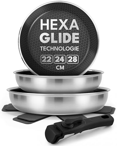 LEBENLANG Pfannenset Abnehmbarer Griff - 4 Tlg. In 22/24/28cm Wabenstruktur I Campingpfannne Bratpfanne Backofengeeignet Induktionspfanne Abnehmbarer Griff I Ceramic Frying Pan Set Removable Handle