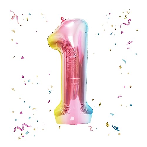 Image of 40 Inch Giant Rainbow Number 1 Balloons, Birthday Balloons, Helium Mylar Foil Big Number Balloons for Birthday Party Decorations, Kids' Birthday Anniversary Party Baby Shower Unicorn Parties