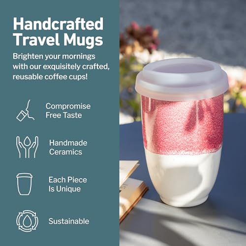 Image of NOVA CERAMICS Travel Mugs - Ceramic Tumbler With Lid - Ceramic Travel Mug To Go Cup - Microwave & Dishwasher Safe Ceramic Coffee Tumbler - Gifts For Women Men Him Her - 12oz - Coral Pink