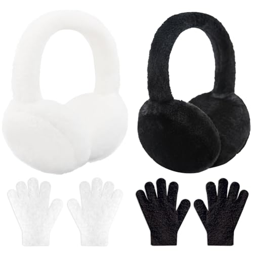 4 Pcs Kids Winter Earmuffs Kid Magic Gloves Set, Plush Earmuffs and Gloves for Toddler Baby Girls 5-12 Years Old Winter Ear Warmer Set (Black+White)