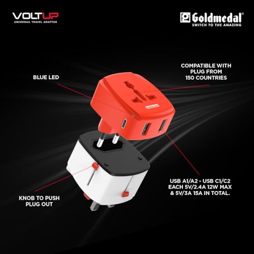 Image of Goldmedal Voltup Universal Travel Adapter with 2 Type-C & 2 Type-A USB Ports | PD Fast Charging Support | Compatible with Multiple Plug Types | Perfect for International Travel | Red & White