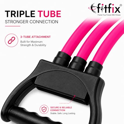 Image of Fitfix Triple Tube 20kg Pink Colour 45 lbs Resistance Band with Handles - Heavy Duty Exercise Tube for Home Gym, Strength Training, Yoga, Stretching & Full Body Workout Equipment for Men & Women