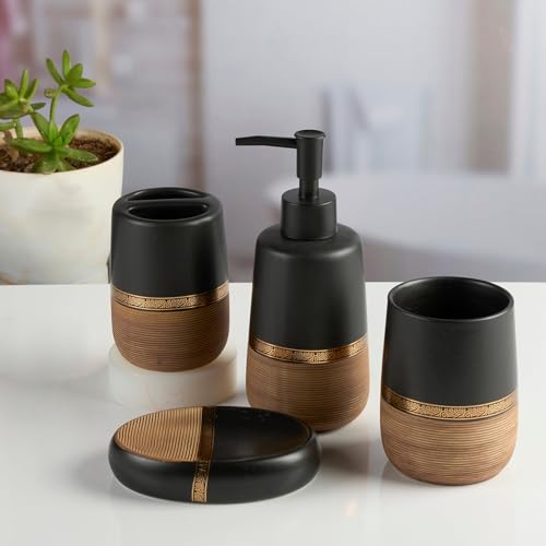 Image of SaSaSa Ceramic Bathroom Accessories Set of 4 - Stylish Bath Set with Liquid Soap Dispenser, Toothbrush Holder, Tumbler and Soap Dish for Modern Bathroom Decor, Black /Brown (11989)
