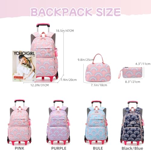 3Pcs Girls Rolling Backpack Kids Bookbag with Wheels Set Elementary Students Outdoors Trolley Schoolbag2