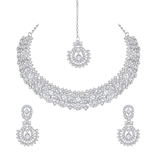 Image of Atasi International Silver Plated White Crystals American Diamonds Stylish Necklace Set with Earrings and Maang Tikka for Women and Girls | Stylish Jewellery for Party, Wedding and Festive Occasions (R6154)