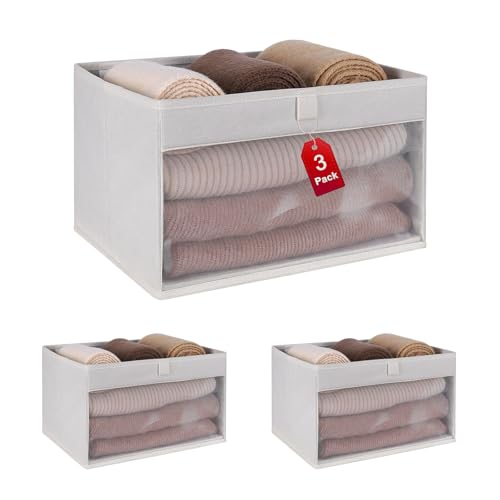 WUIKE Closet Storage Bins, Fabric Organizer Baskets with Clear Window and Handles, Foldable Storage for Shelves, Beige, Large, 3-Pack