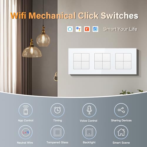 BSEED Lichtschalter Glas Smart WiFi Wechselschalter Compatibel mit Google Home und Alexa Neutrale Leitung Benötigt, 4 Fach 1 Weg,228mm Weiß