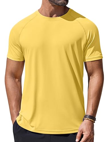 COOFANDY Mens Swim Shirt UPF 50+ Rash Guard Short Sleev T Shirt Lightweight Beach Shirts for Men Yellow