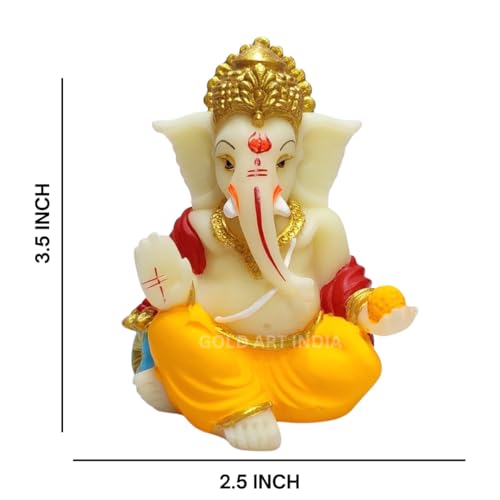 Image of Gold Art India Gaddi Ganesha Idol 3.5 inch - Ivory Multicolour Ganpati Murti with Golden Jewelry | Hand-Painted Polyresin Ganesh Idol for Car Dashboard, Home Temple, Office Desk Decor