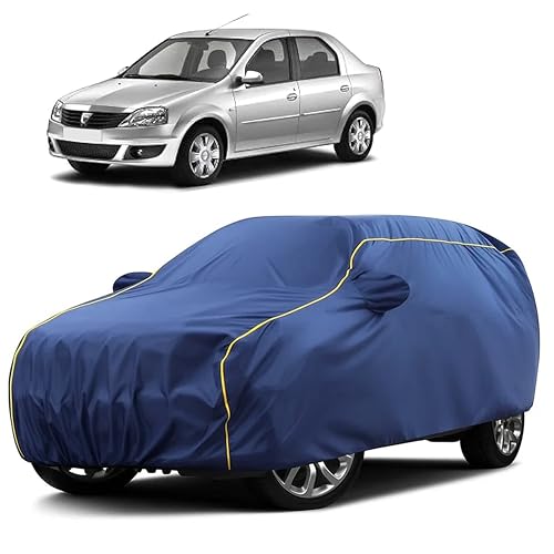 Image of Sulfar 100% Water Resistant Car Body Cover Compatible with Mirror for Renault Logan Edge (Triple Stitched, Full Bottom Elastic, Blue Taffeta with Yellow Piping)