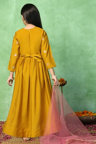 Image of Fashion Dream Girls Chanderi Embroidered Maxi Dress with Dupatta|Ethnic Gown for Kids