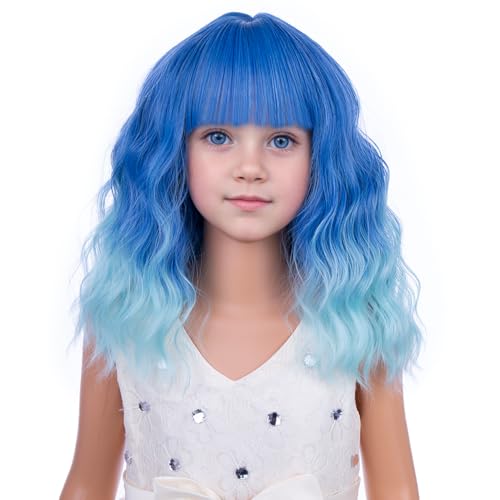 Image of PATTNIUM Ombre Blue Wig with Bangs for Women Short Blue Wavy Curly Wig Bob Wigs Synthetic Halloween Cosplay Costume Wigs