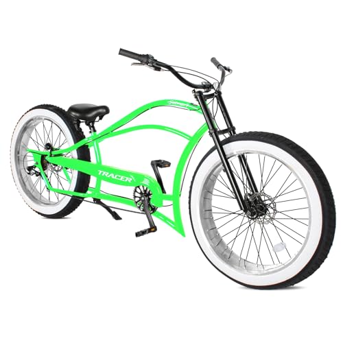 Tracer Siena Chopper Stretch Cruiser Bike for Men 26 Inch Lowrider Bicycles with Moon-Type Handlebar 7-Speed Complete Cruiser Bike for Adults (Green)