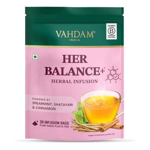 Image of VAHDAM Her Balance+ Herbal Infusion | Supports Menstrual & Hormonal Health | Powered by Spearmint, Shatavari & Cinnamon | Caffeine Free | Plant-Based | 30 Tea Bags