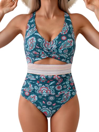 Image of B2prity Women's One Piece Swimsuit Tummy Control High Waisted Bathing Suit | Color Block,Removable Soft Cups,Cutout,V neck,Full Coverage,Adjustable Criss Cross Straps,Tie Back