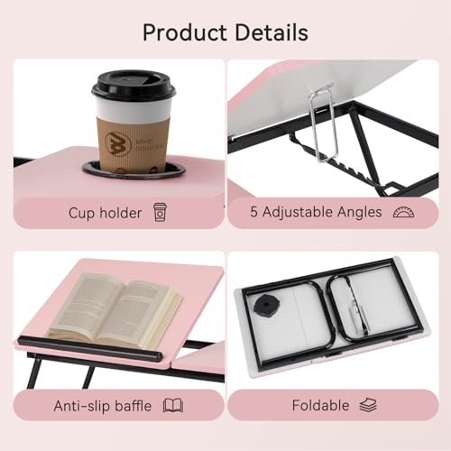 Warmiehomy Laptop Desk, Laptop Bed Table with Foldable Legs & Cup Slot,Reading Holder Notebook Stand with Adjustable Height Angle,Laptop Bed Tray for Bed Sofa Breakfast Work Study Reading (Pink) - Image 4
