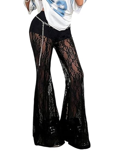 GORGLITTER Pantalones de festival para mujer, pantalones de encaje sexy Y2k, pantalones transparentes para fiesta, traje de cintura alta, pantalones con encaje Techno, Negro , XS