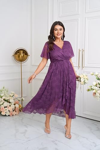 Image of SCOMCHIC Womens Plus Size Wedding Guest Dress Formal Lace Wrap V Neck High Low Short Sleeve Cocktail Maxi Dresses XL-4XL