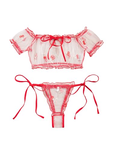 Image of Lilosy Sexy Stretch Ruffle Tie Sheer Mesh Lingerie Set Outfits