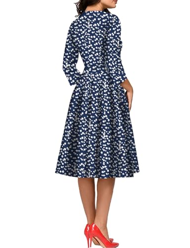 Image of Simple Flavor Women's Floral Vintage Dress Elegant Midi Evening Dress 3 /4 Sleeves