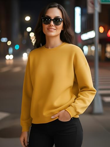 Image of LEOTUDE Women's Full Sleeve Round Neck Loopknit Solid Sweatshirt for Women (Color Mustard)