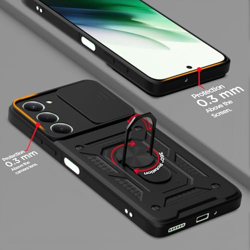 Image of Pikkme Back Cover for Redmi 15 5G | 360 Protection Case | Sliding Camera Shield Cover & Ring Holder Stand D10 Tough Armor Bumper Case (Black)