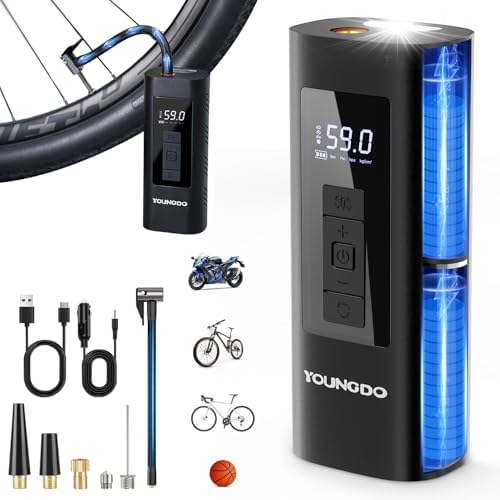YOUNGDO Fahrradpumpe, Luftpumpe Fahrrad, Elektrische Luftpumpe | Akku Kompressor 6000mAh, 150PSI, für Fahrrad, Motorrad, Auto