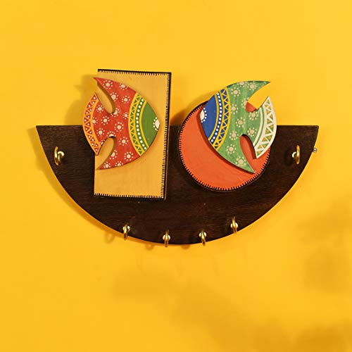 Image of AAKRITI ART CREATIONS Key Holder, Handcrafted Madhubani Fish Key Hanger | Rustic Wood Wall Organizer with 6 Hooks | New Home Gifts | Multifunctional Entryway Decor Item