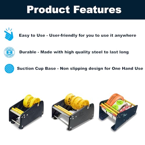 MDJ by Excell Manual Label Sticker Dispenser with 4 Suction Cups Base for Tabletop, Adjustable holder for multiple rolls for Office, Home, School, Warehouse, Easy Peel Off, Fits up to 6.5