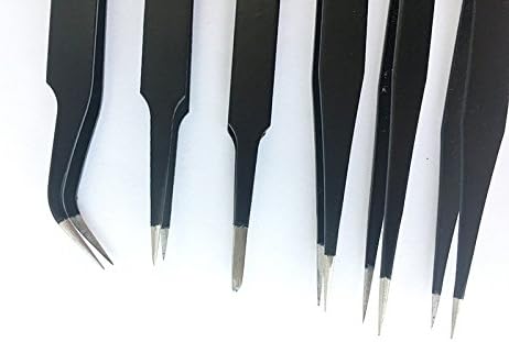 1.5mm Anti-Static ESD Tweezers Set Anti-Magnetic, Anti-Acid Stainless Steel Tweezers Kits for Laboratory Work, ICS Electronics, Jewelry-Making, Black, Pack of 6