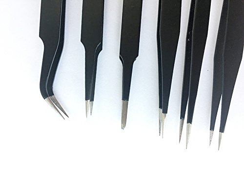 1.5mm Anti-Static ESD Tweezers Set Anti-Magnetic, Anti-Acid Stainless Steel Tweezers Kits for Laboratory Work, ICS Electronics, Jewelry-Making, Black, Pack of 6