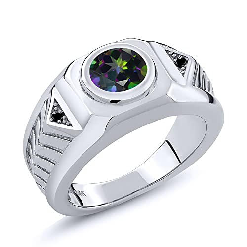 Gem Stone King 2.03 Ct Round Green Mystic Topaz Black Diamond 925 Sterling Silver Men's Ring (Size 8)