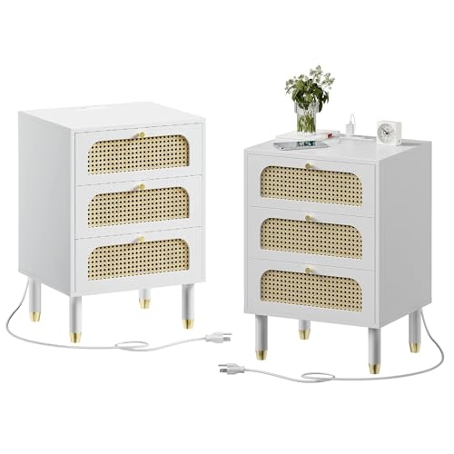 VINGLI Rattan Nightstand Set of 2 with Charging Station, 27' Tall White Nightstand with 3 Drawers for Bedroom, Boho Mid Century Modern End Table/Side Table/Bedside Table (White, 2 Pack)