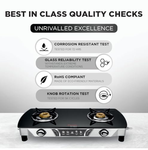 Image of Preethi Bluflame Streak Plus Glass Top 2 Burner Gas Stove, with Jumbo Burner, Manual Ignition, Black