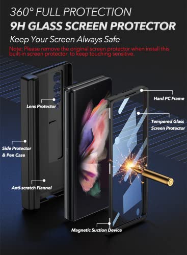 ELEPIK Armor Series Case for Galaxy Z Fold 4 with Built-in Tempered Glass Screen Protector, Closed S Pen Holder [Avoid S Pen Lost], Hinge Protector, Kickstand, Wireless Charging (Black)