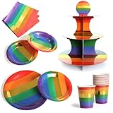 L'ensemble de vaisselle comprend : lot de 10 tasses arc-en-ciel, assiettes arc-en-ciel de 22,9 cm, assiettes arc-en-ciel de 19,1 cm, bols arc-en-ciel de 19,1 cm, 20 serviettes arc-en-ciel et support à gâteaux arc-en-ciel. Fournitures pour créer un thème parfaitement coordonné pour une fête arc-en-ciel.