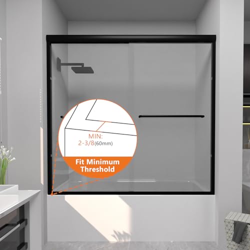 CKB Bathtub Sliding Doors, Semi-Frameless Bypass Tub Doors, 56-60 inch W x 56 inch Height, 1/4 inch Tempered Safety Glass, Matte Black, Berlin