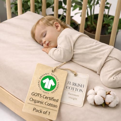Image of GOTS Organic Pack and Play Sheets Fitted - 1 Pack Mini Crib Sheets Premium Weight Turkish - Cotton 38x26 Neutral Toddler Playard Bedding, Fitted Mini Baby Crib Mattress Cover Boy, Girl